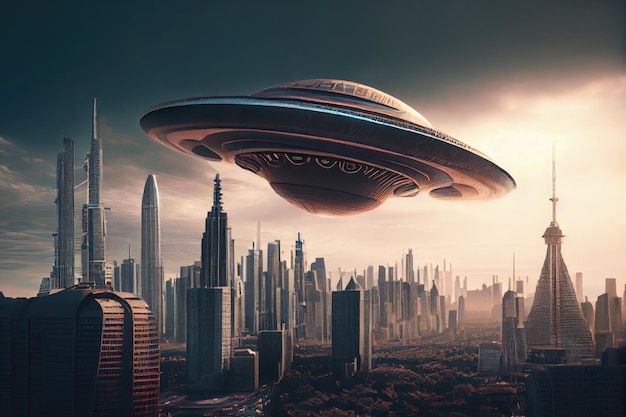 Alien ship flies over modern city with view of skyscrapers visible in the background