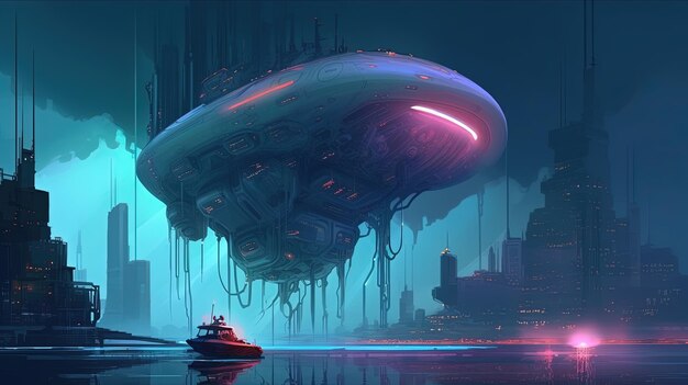 Alien ship flying under river in the city Fantasy concept Illustration painting Generative AI