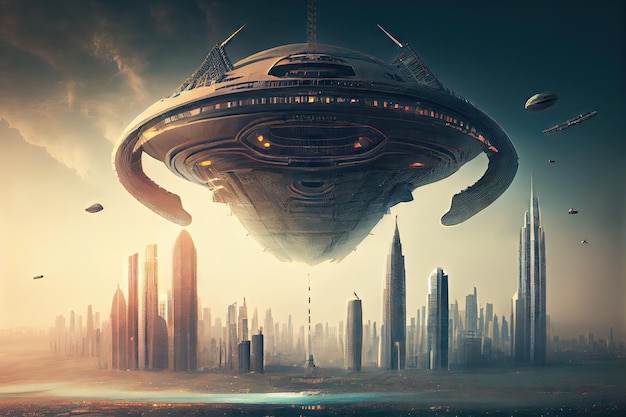 Alien ship hovering above major city with skyscrapers in the background