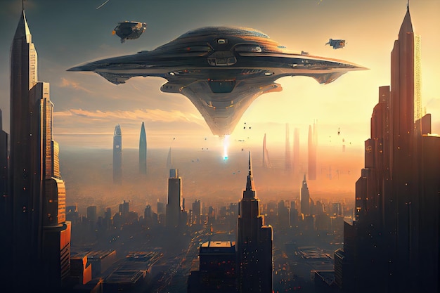 Alien ship hovers above city with buildings and people visible in the background