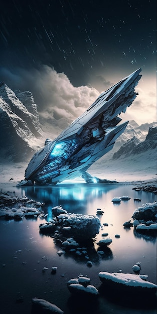 Photo alien ship spaceship on an alien ice planet sciene fiction