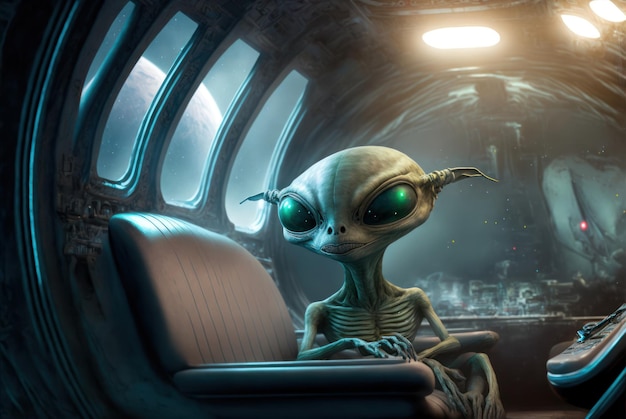 An alien sits in a car with a plane in the background.