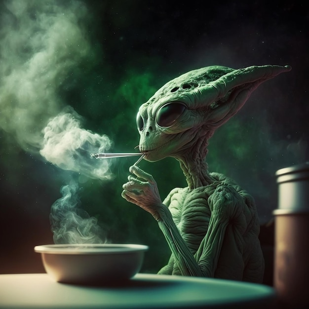 A alien smoking a cigarette with smoke coming out of it.