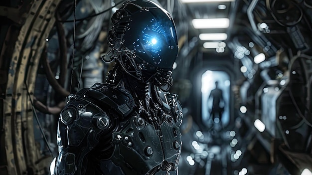 Alien soldier inside spaceship futuristic military cyborg in dark spacecraft Extraterrestrial warrior with equipment closeup Concept of robot future space war ufo technology