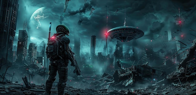 Alien soldier or spooky futuristic military cyborg stands on destroyed buildings background scary extraterrestrial warrior in dark city Concept of future invasion space war ufo