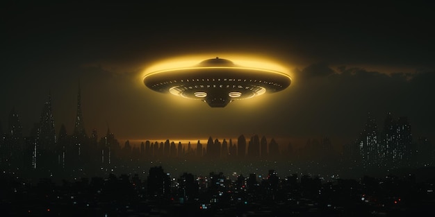 An alien spaceship flying over city at night Generative AI