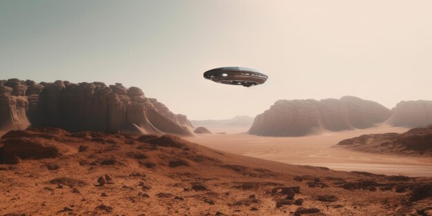 An alien spaceship flying over a desert landscape Generative AI image