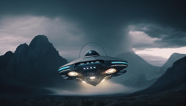 An alien spaceship flying over a mountain