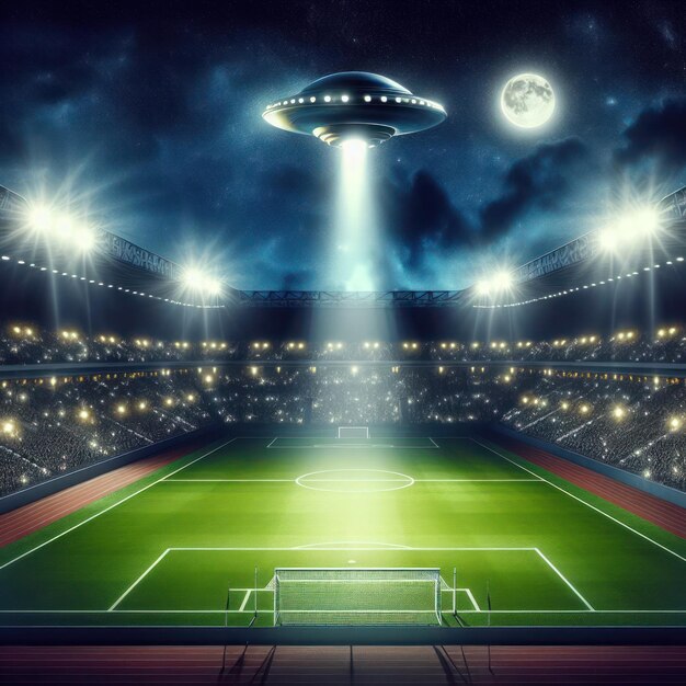 Photo an alien spaceship hovering over a football stadium