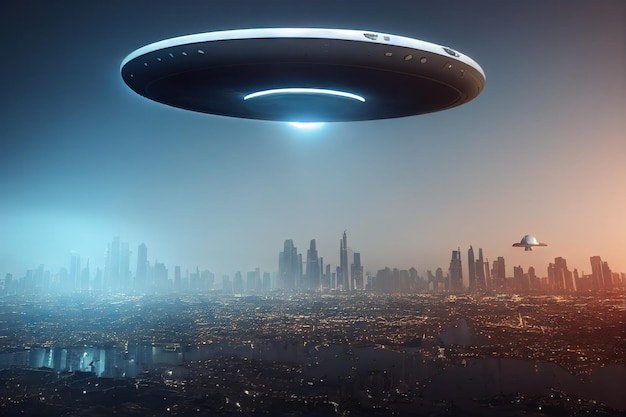 Alien spaceship UFO flying above futuristic city