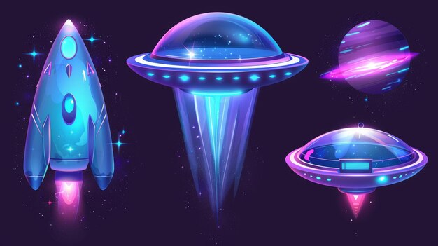 Photo alien spaceships ufo with blue and purple light beam modern realistic illustration of futuristic flying saucer round rocket picture of galaxy spacecraft rocketship glowing