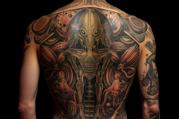 Alien tattoo on back of a man illustration generative ai