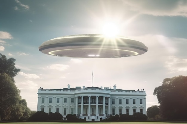 Alien UFO spaceship fly above White House government of USA with sun light Generative AI