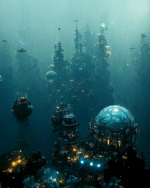alien underwater base in sea abyss scifi 3d digital art illustration