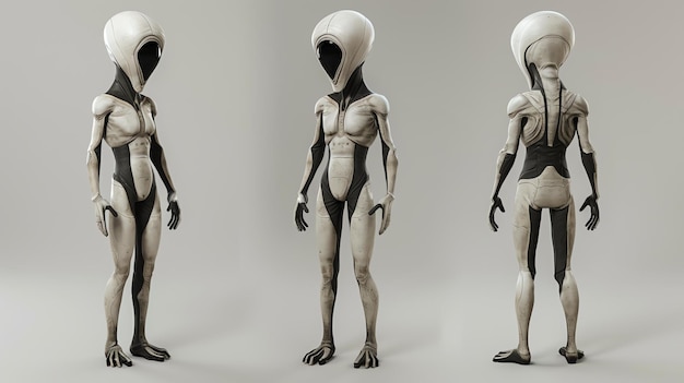 Photo an alien wearing a protective suit stands in a variety of poses the suit is white and black and covers the aliens entire body