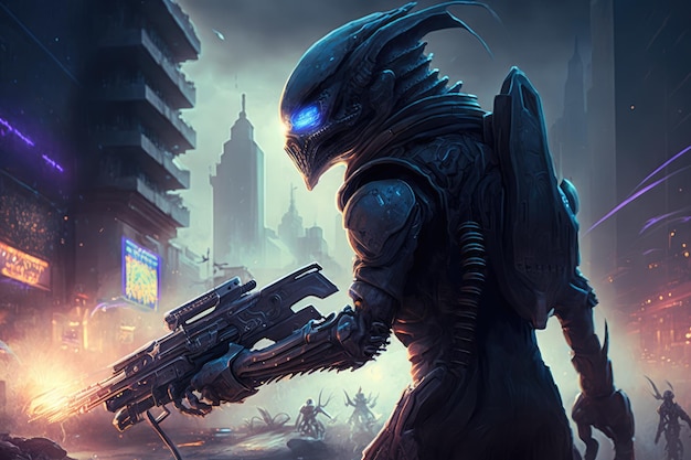 Alien with blaster in hand defending a city from invading force created with generative ai