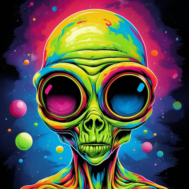 an alien with a colorful background