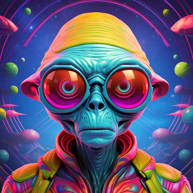 an alien with a colorful background