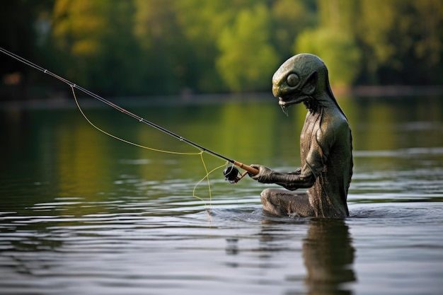 Alien with fishing rod casting line into peaceful lake created with generative ai