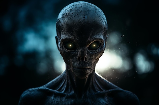 an alien with glowing eyes in the dark