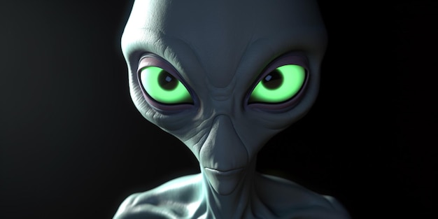 An alien with green eyes and a black background