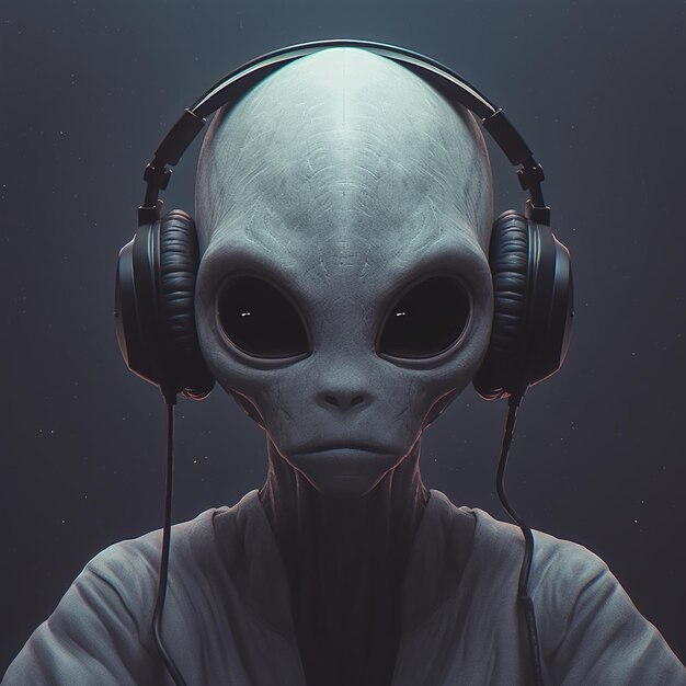 Alien with headphones and glowing eyes standing in front of a dark background generative ai