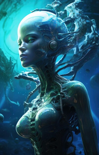 alien woman in space with a space ship in the background in the style of marine biologyinspired