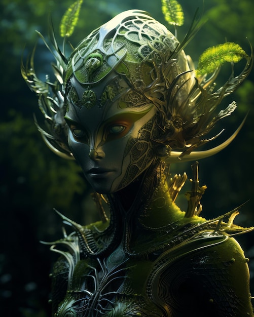 an alien woman with green hair and leaves on her head