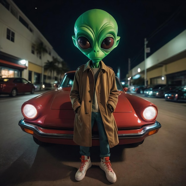 alien wore a brown coat in the city with a red car in the background