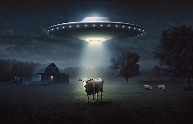 Aliens abduct a cow on a farm at night