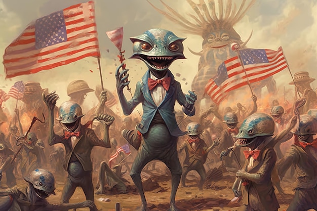 Aliens celebrating American Independence day 4th fourth july usa illustration generative ai