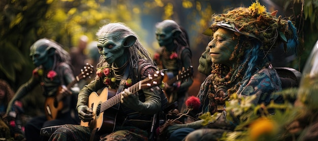 먼 행성의 외계인들은 대마초를 피우고 기타를 연주하고 있습니다.