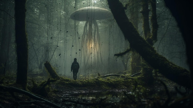 Aliens and in a forest in the style of intense