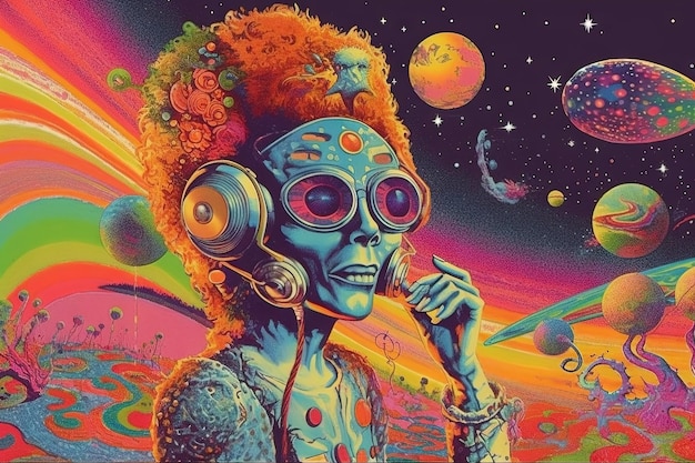 Aliens funkyfificeren de planeet aarde met Funky muziek 70s jaren 70 illustratie generatieve ai