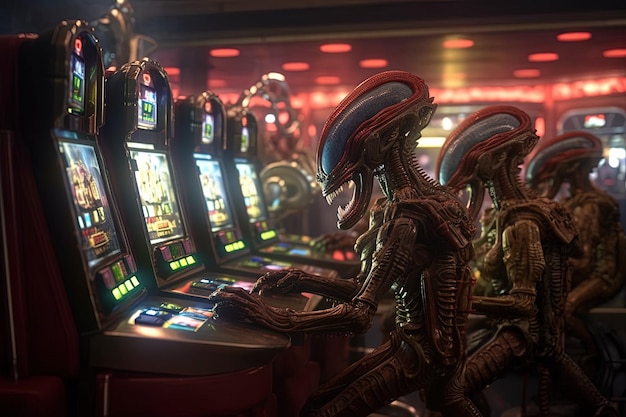 Aliens gambling at slot machines at the space galaxy casino illustration generative ai