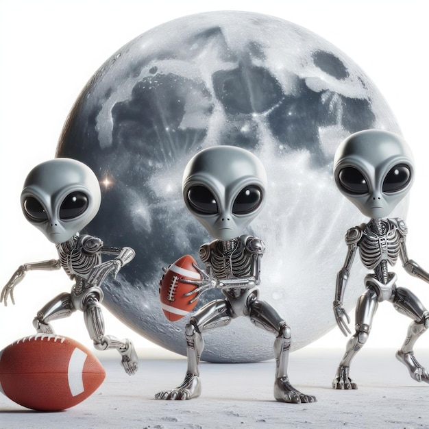 Aliens play football against the backdrop of the moon