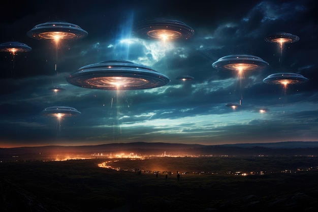 Aliens spaceships Mystery ufo on sky Generative AI