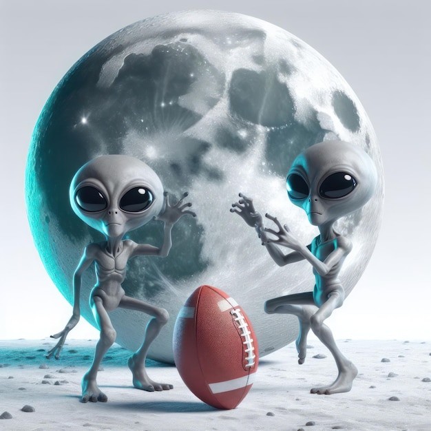 Aliens with a soccer ball against the background of the moon