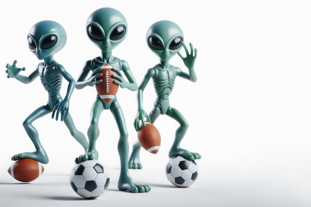 Aliens with soccer balls on a light background Place for text