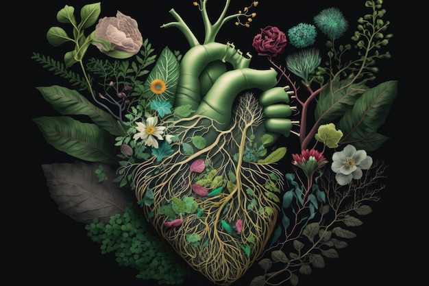 Alive and strong human heart with flowers covered in delicate green leaves