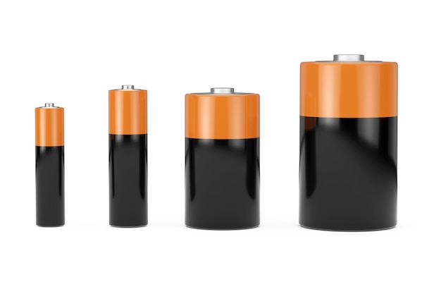 Alkaline Batteriy Icon Set met verschillende AAA, AA, C, D grootte en vrije ruimte voor uw ontwerp op een witte achtergrond. 3D-rendering