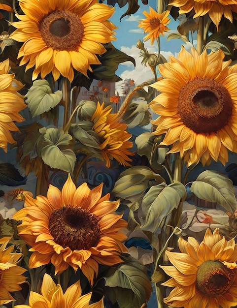 All around are the summer sun blooming sunflowers