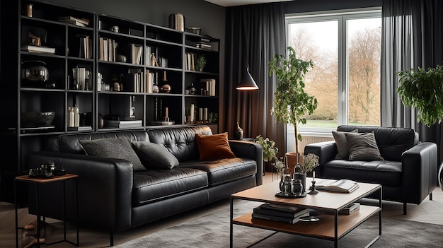 黒いカーテンとソファを持つ 優雅で快適なインテリアのリビングルーム