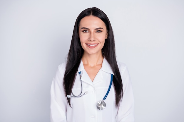 All is well Photo of attractive doctor practitioner lady good mood friendly smiling to patients wear white lab coat stethoscope isolated grey color background