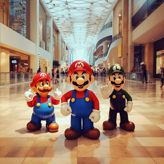 Foto tutti i personaggi di mario che si rilassano nel centro commerciale dell'ai generated image