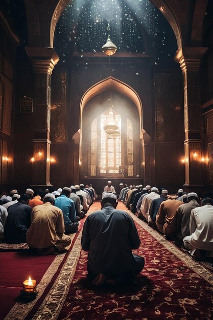 Photo all muslims worshiping together at the mosque