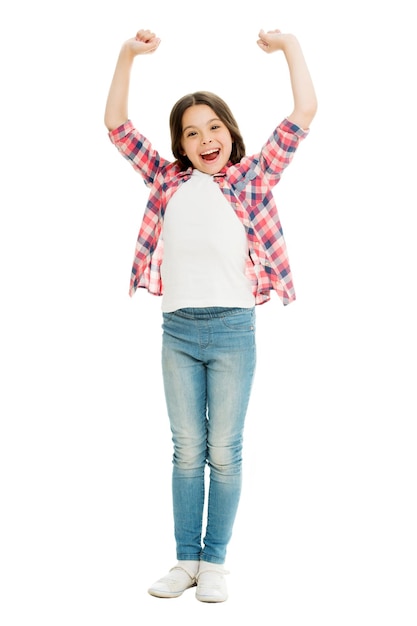 All the power of being a girl. Happy girl isolated on white. Little girl celebrate victory. Fashion look of baby girl. Beauty and style.