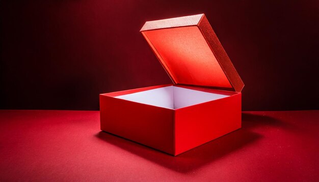 Все концепции красной подарочной коробки с пустым открытием подарочной коробки для демонстрации продукта изолированы на темно-красном фоне...