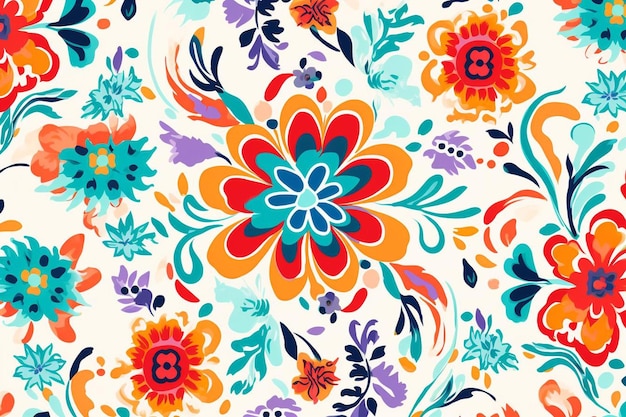 all over repeat pattern multi colored floral geometrical ethnic art work decorated hand drawn