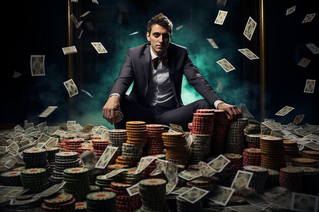 Photo all in the rise of a poker player and a big pile of chips